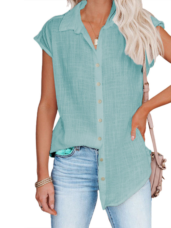 Ashlynn Linen Lapel Button Raglan Short Sleeve Shirt Curved Slit Hem Blouse