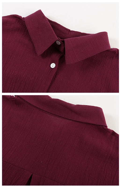 Ashlynn Linen Lapel Button Raglan Short Sleeve Shirt Curved Slit Hem Blouse