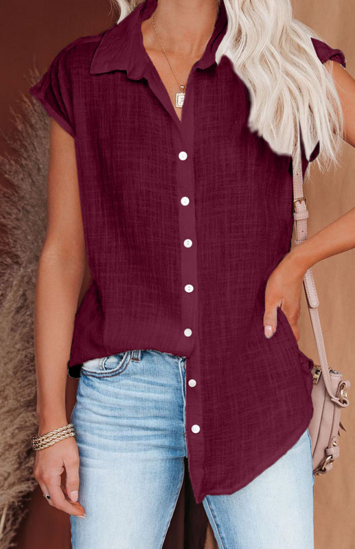 Ashlynn Linen Lapel Button Raglan Short Sleeve Shirt Curved Slit Hem Blouse
