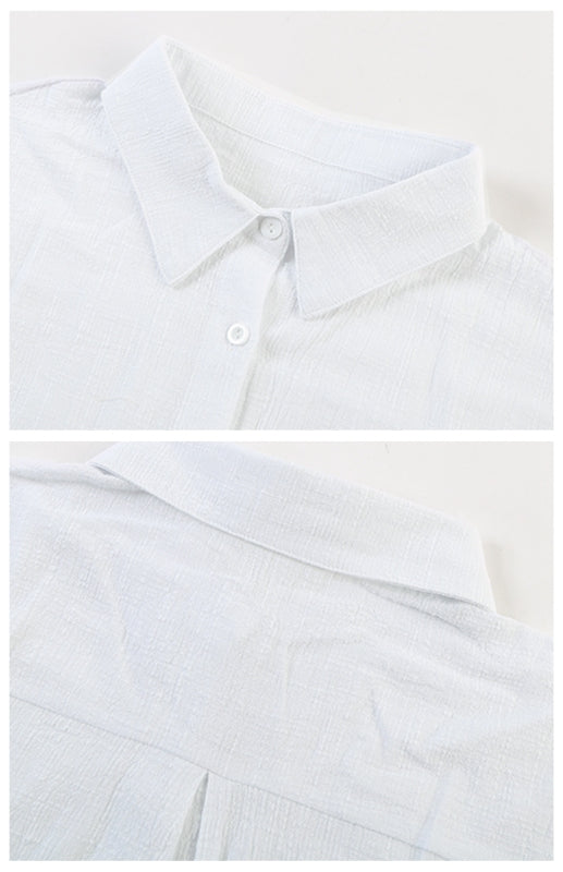 Ashlynn Linen Lapel Button Raglan Short Sleeve Shirt Curved Slit Hem Blouse