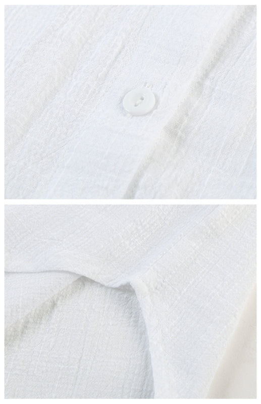 Ashlynn Linen Lapel Button Raglan Short Sleeve Shirt Curved Slit Hem Blouse