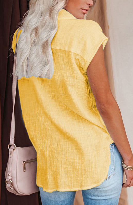 Ashlynn Linen Lapel Button Raglan Short Sleeve Shirt Curved Slit Hem Blouse