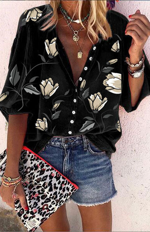 Clementine Floral Printed Stand Collar Loose Casual Shirt