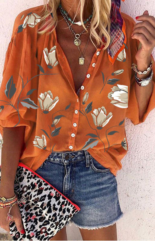 Clementine Floral Printed Stand Collar Loose Casual Shirt