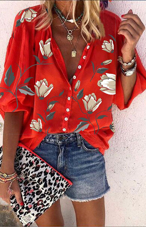 Clementine Floral Printed Stand Collar Loose Casual Shirt