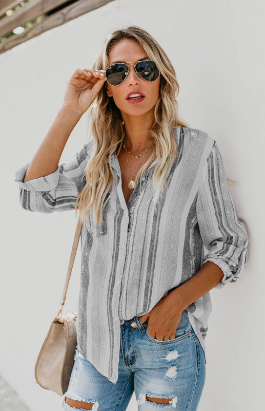 Bailyn Linen Turn-down Collar Sweet Enough Striped Button Up Top