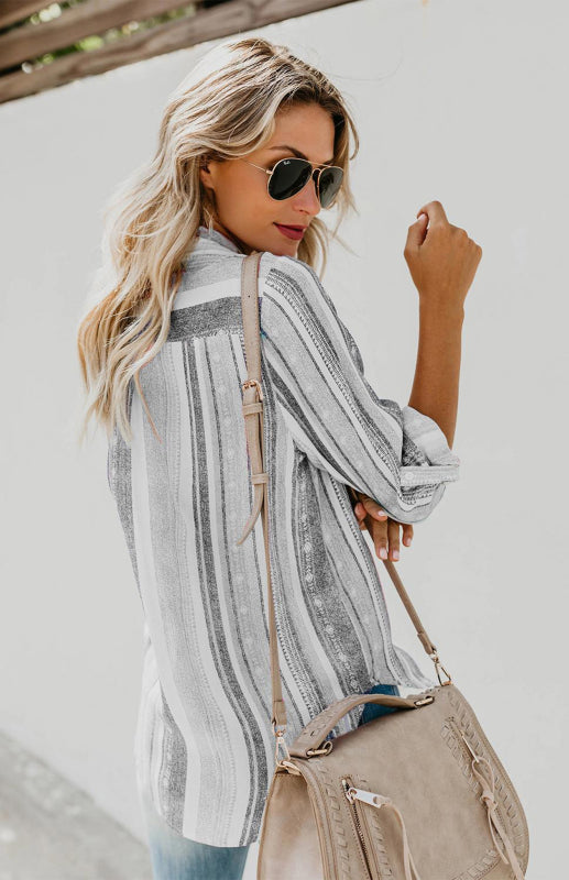 Bailyn Linen Turn-down Collar Sweet Enough Striped Button Up Top