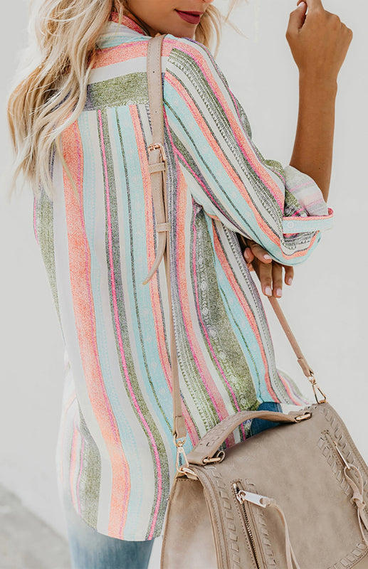 Bailyn Linen Turn-down Collar Sweet Enough Striped Button Up Top