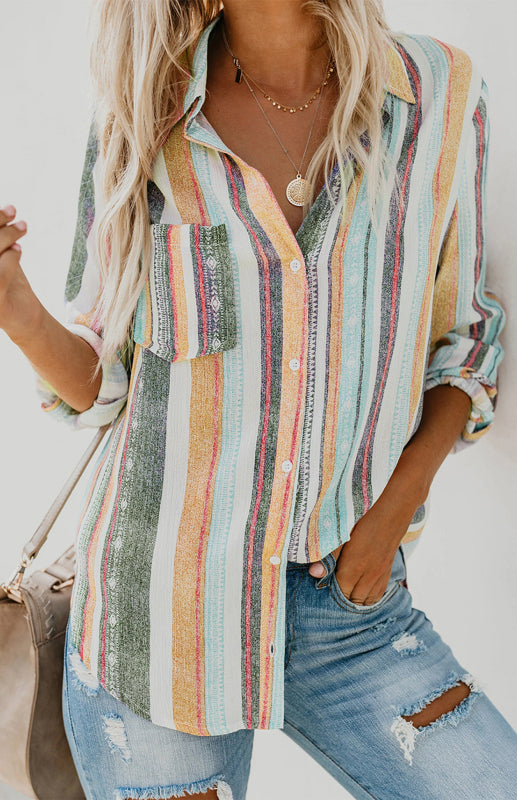 Bailyn Linen Turn-down Collar Sweet Enough Striped Button Up Top