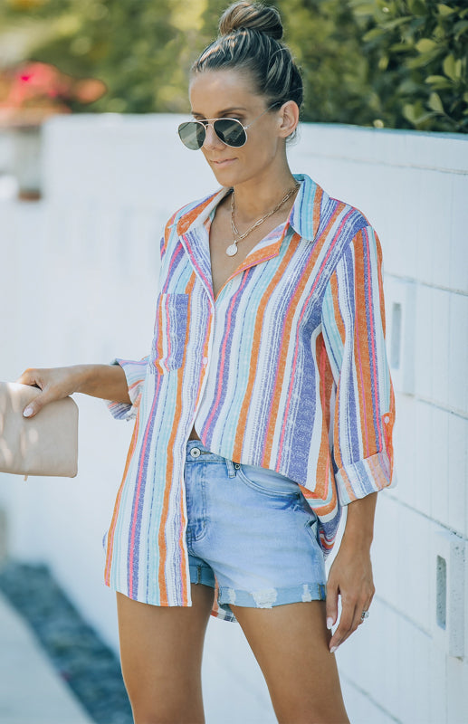 Bailyn Linen Turn-down Collar Sweet Enough Striped Button Up Top