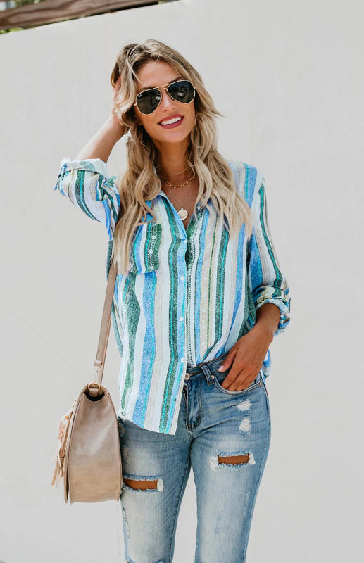 Bailyn Linen Turn-down Collar Sweet Enough Striped Button Up Top