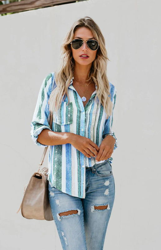 Bailyn Linen Turn-down Collar Sweet Enough Striped Button Up Top