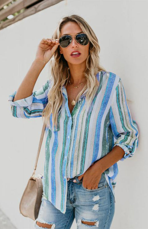 Bailyn Linen Turn-down Collar Sweet Enough Striped Button Up Top