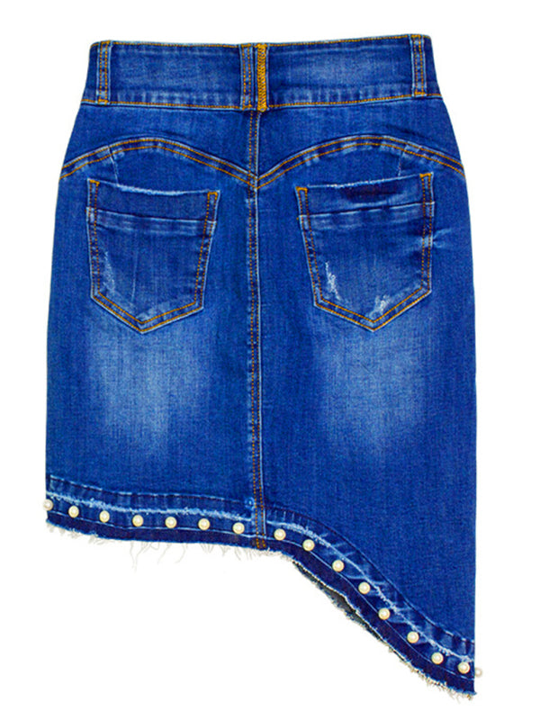 Leanna Women's Irregular Beaded Pearl Denim Midi Skirt