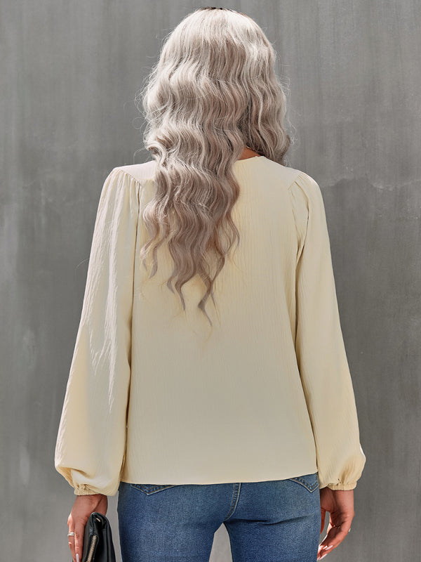 Caren Women's Casual Loose Round Neck Solid Color Pullover Shirt