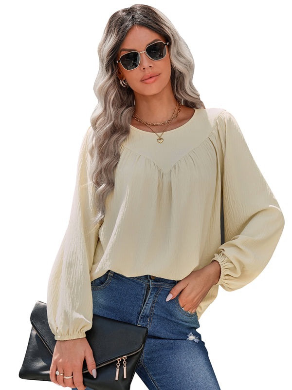 Caren Women's Casual Loose Round Neck Solid Color Pullover Shirt