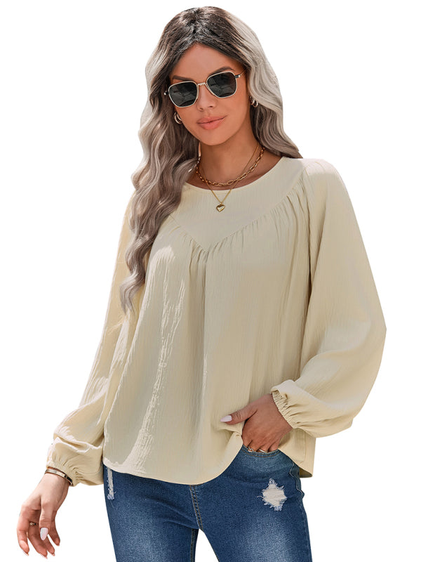 Caren Women's Casual Loose Round Neck Solid Color Pullover Shirt