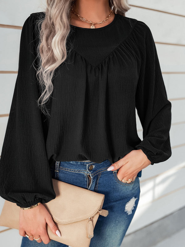 Caren Women's Casual Loose Round Neck Solid Color Pullover Shirt