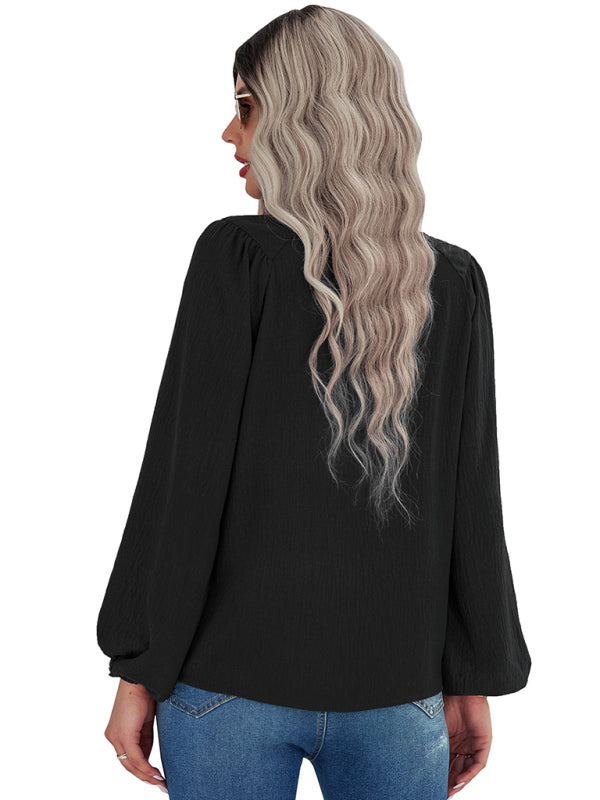 Caren Women's Casual Loose Round Neck Solid Color Pullover Shirt