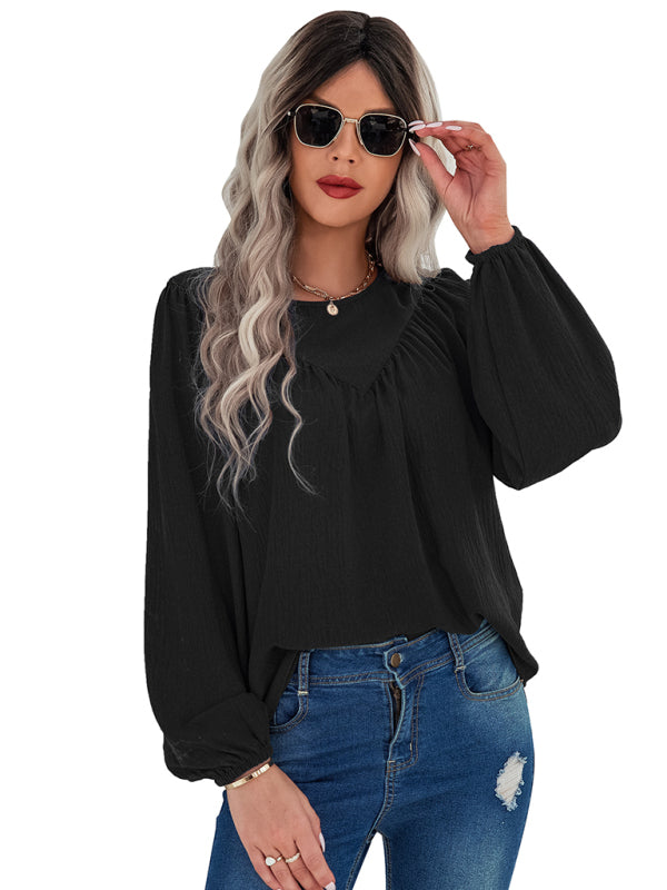 Caren Women's Casual Loose Round Neck Solid Color Pullover Shirt
