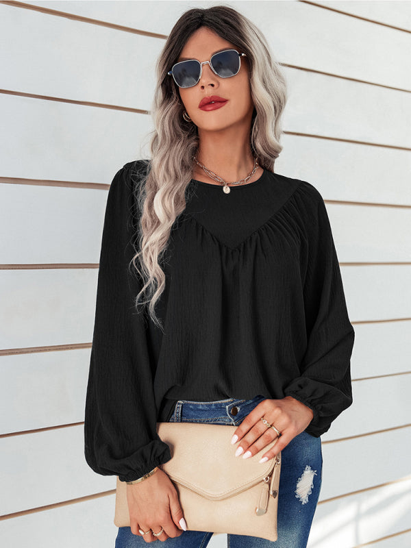 Caren Women's Casual Loose Round Neck Solid Color Pullover Shirt