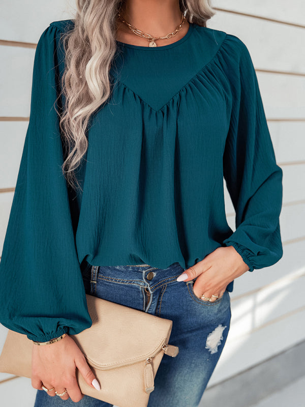 Caren Women's Casual Loose Round Neck Solid Color Pullover Shirt