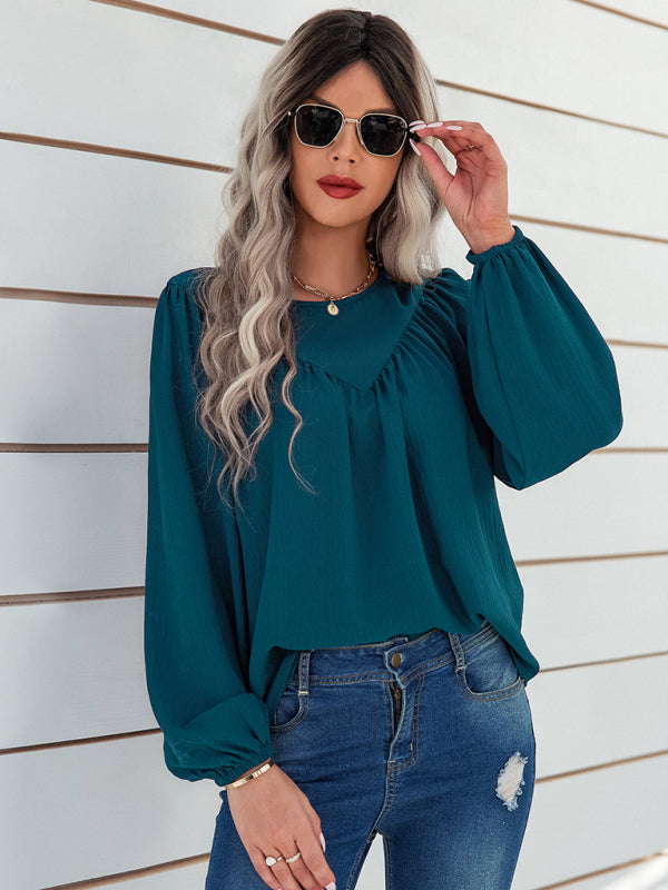 Caren Women's Casual Loose Round Neck Solid Color Pullover Shirt