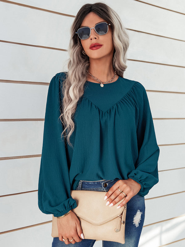 Caren Women's Casual Loose Round Neck Solid Color Pullover Shirt