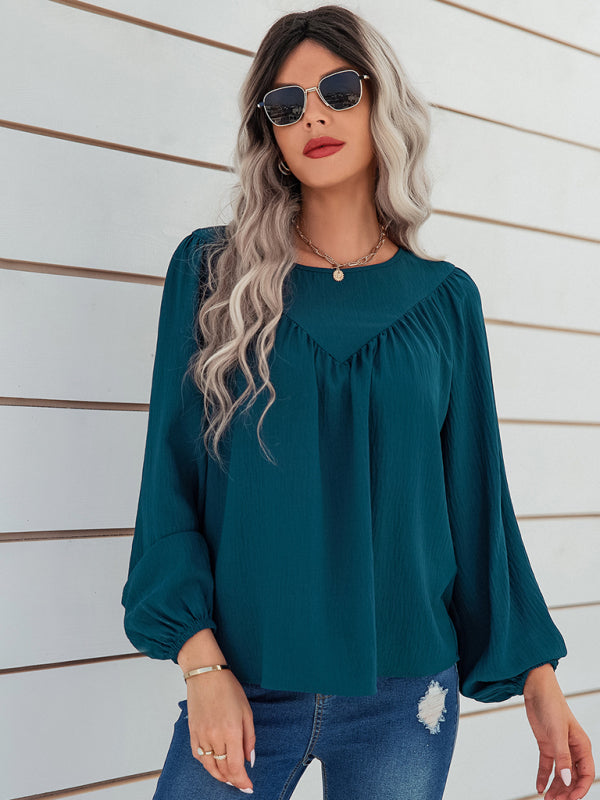Caren Women's Casual Loose Round Neck Solid Color Pullover Shirt