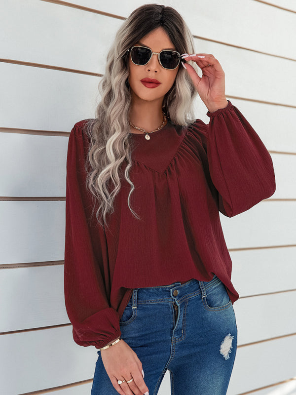 Caren Women's Casual Loose Round Neck Solid Color Pullover Shirt