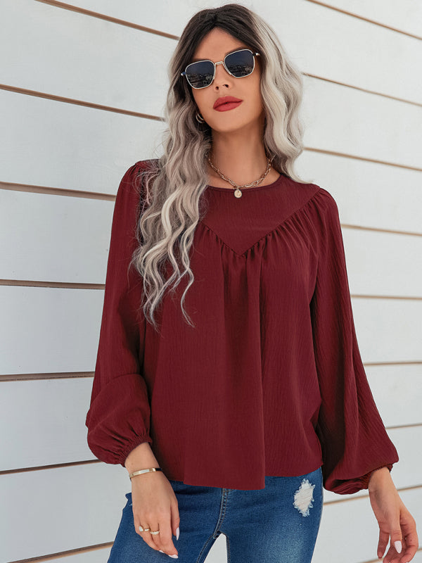 Caren Women's Casual Loose Round Neck Solid Color Pullover Shirt