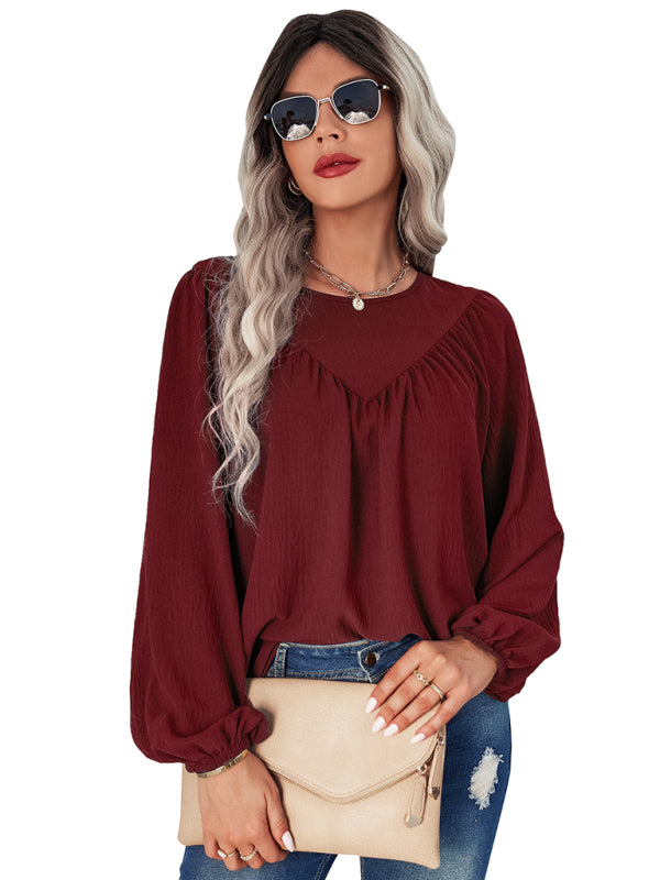 Caren Women's Casual Loose Round Neck Solid Color Pullover Shirt