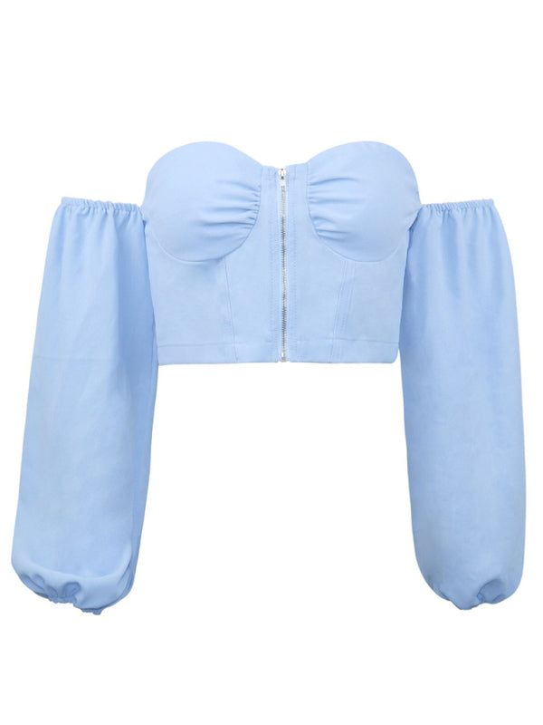 Artemia Women's Navel Exposed Shoulder Loose Tight Mouth Long-Sleeved Zipper Tube Top