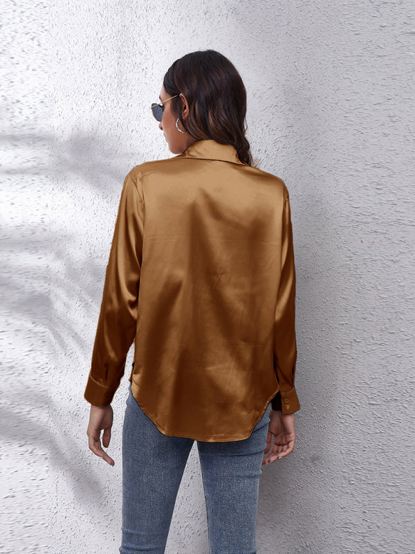 Anemone Women's Satin Imitation Silk Long Sleeved Shirt