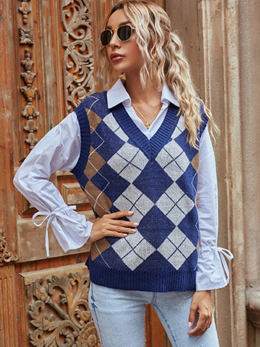 Jane Women's Warm Outer Wear Diamond V Neck Sweater Vest