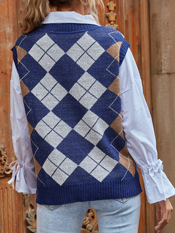 Jane Women's Warm Outer Wear Diamond V Neck Sweater Vest