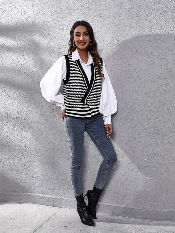 Annie Women's Stripe Knitted Cardigan Sweater Vest