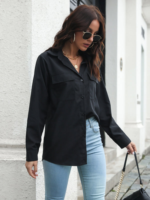 Erielle Women's Double Pocket Long Sleeve Loose Shirt