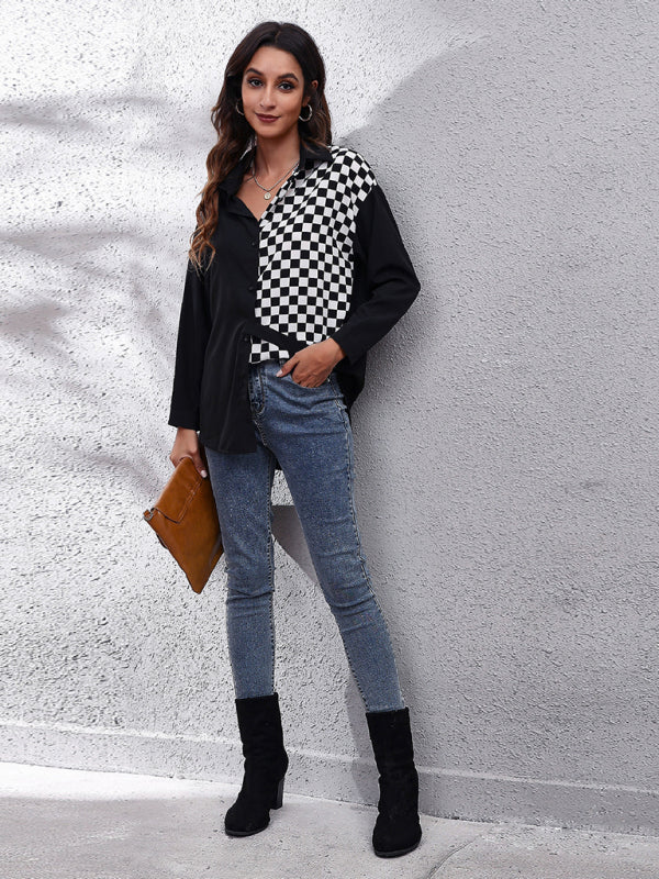 Enid Women's Polka Chain Checkerboard Mosaic Long Sleeve Shirt
