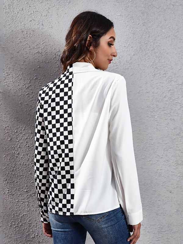 Endelyn Women's Suit Collar Checkerboard Zebra Stitched Shirt