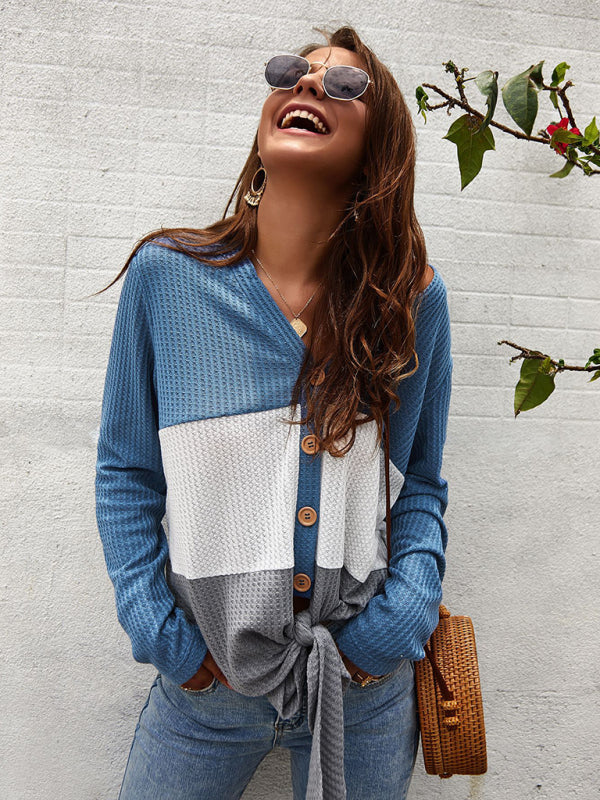 Jazlyn Women's Casual Long Sleeve Knit V-Neck Panel Top