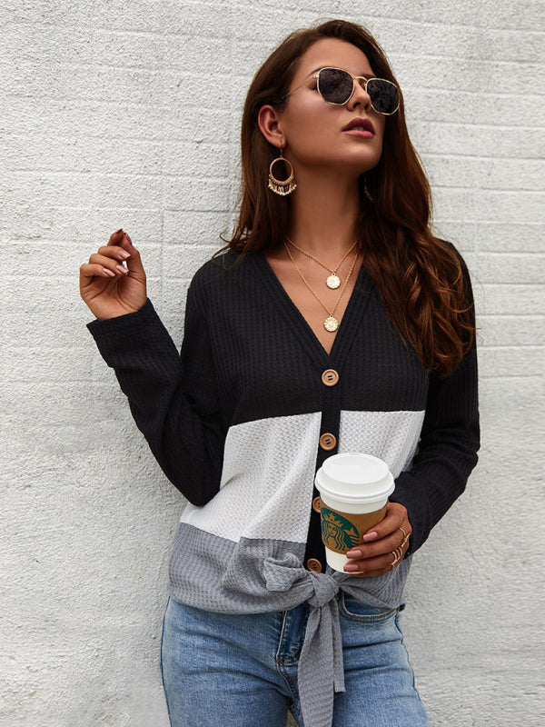 Jazlyn Women's Casual Long Sleeve Knit V-Neck Panel Top