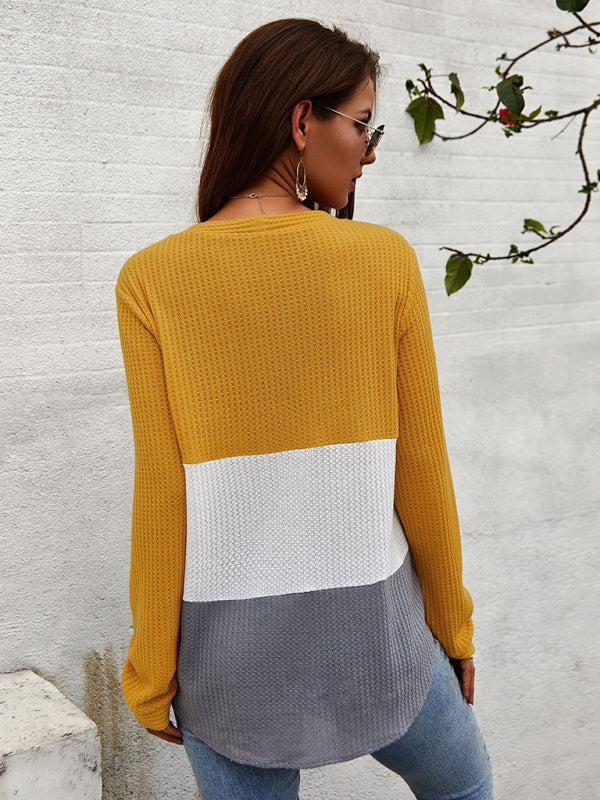 Jazlyn Women's Casual Long Sleeve Knit V-Neck Panel Top