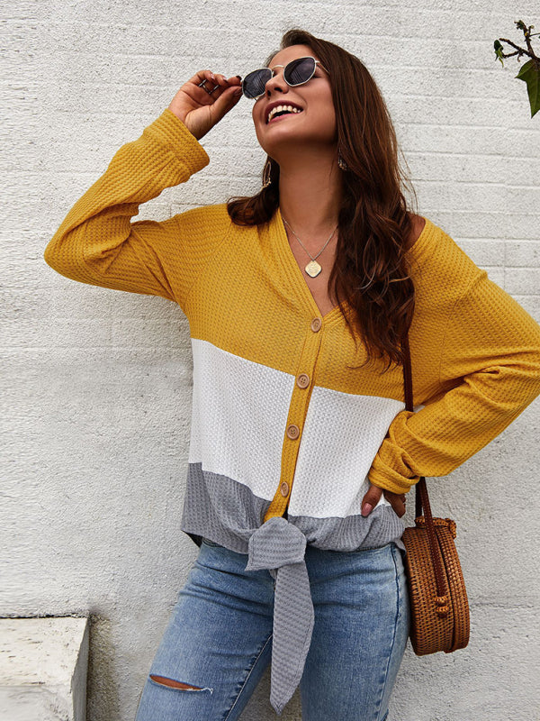 Jazlyn Women's Casual Long Sleeve Knit V-Neck Panel Top