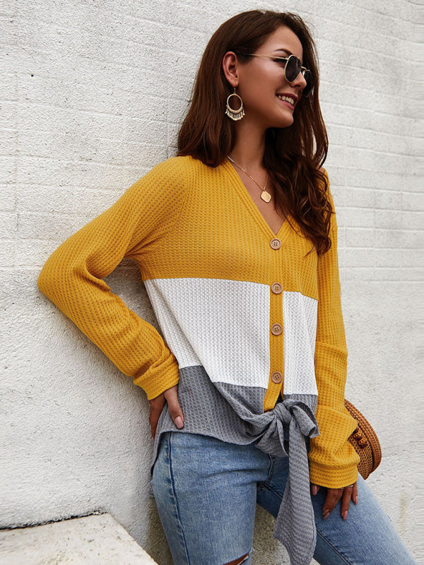 Jazlyn Women's Casual Long Sleeve Knit V-Neck Panel Top
