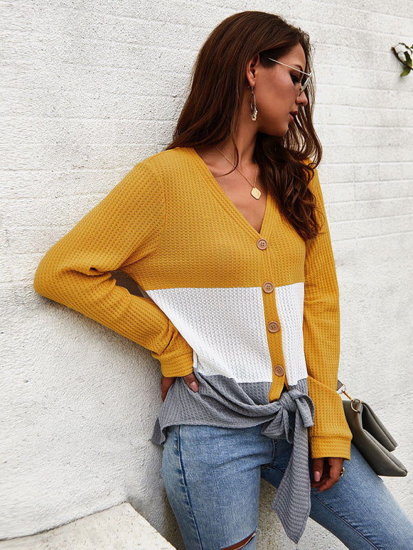 Jazlyn Women's Casual Long Sleeve Knit V-Neck Panel Top