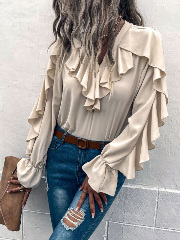 Edna Women's Solid V-Neck Ruffle Panel Top