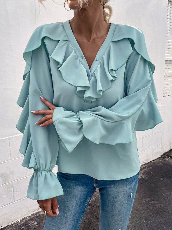 Edna Women's Solid V-Neck Ruffle Panel Top