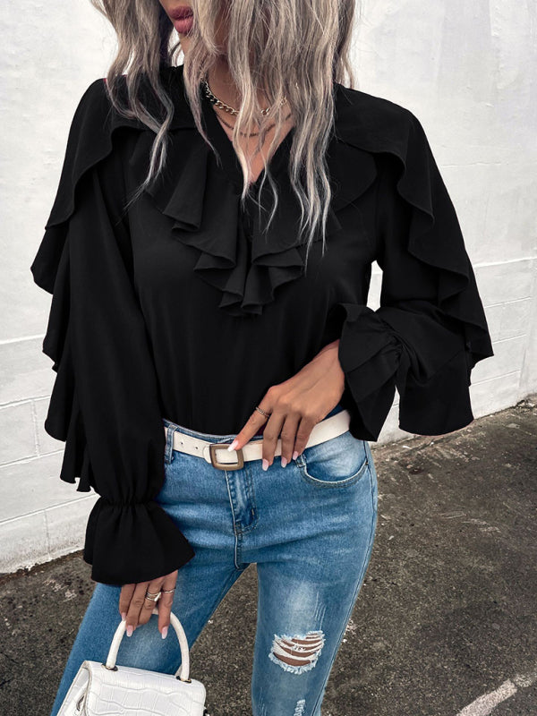 Edna Women's Solid V-Neck Ruffle Panel Top