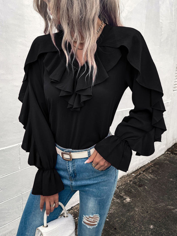 Edna Women's Solid V-Neck Ruffle Panel Top